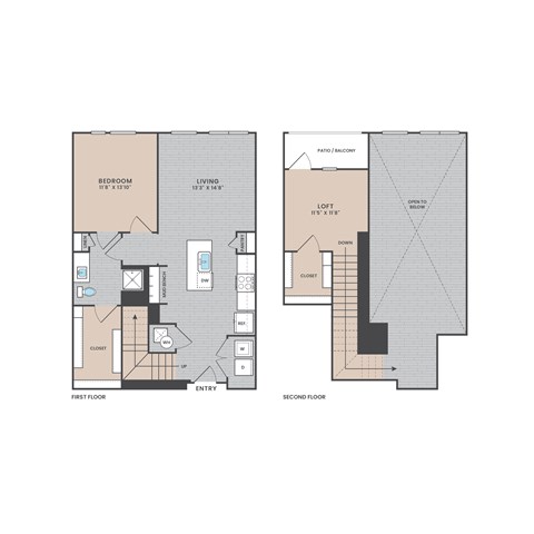 A floor plan of a two-story home with a living room, two bedrooms, two bathrooms, and a closet.